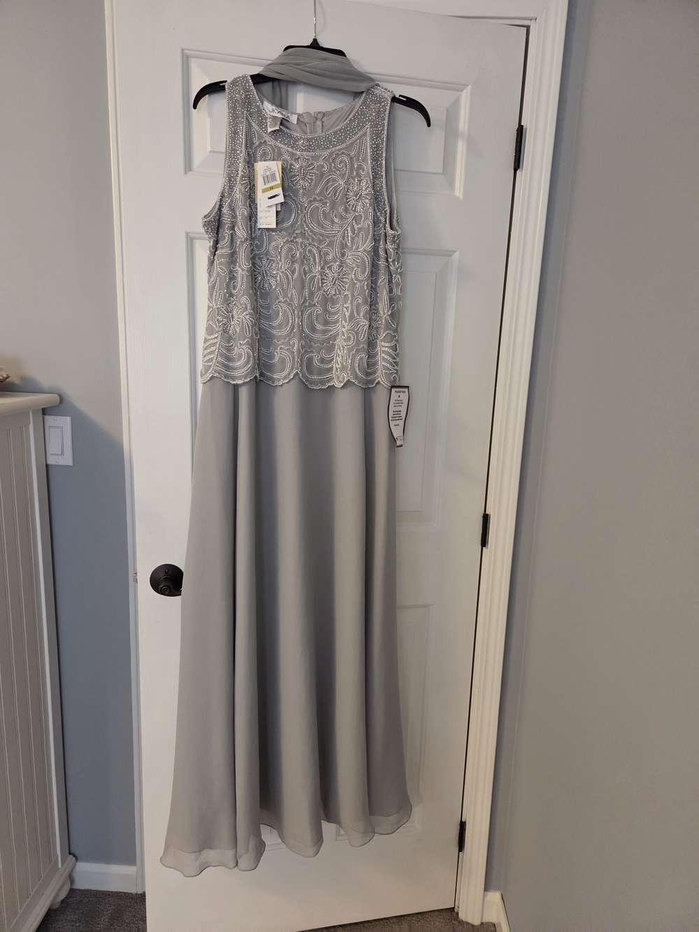 J Kara Silver Beaded Lace Overlay Maxi Gown